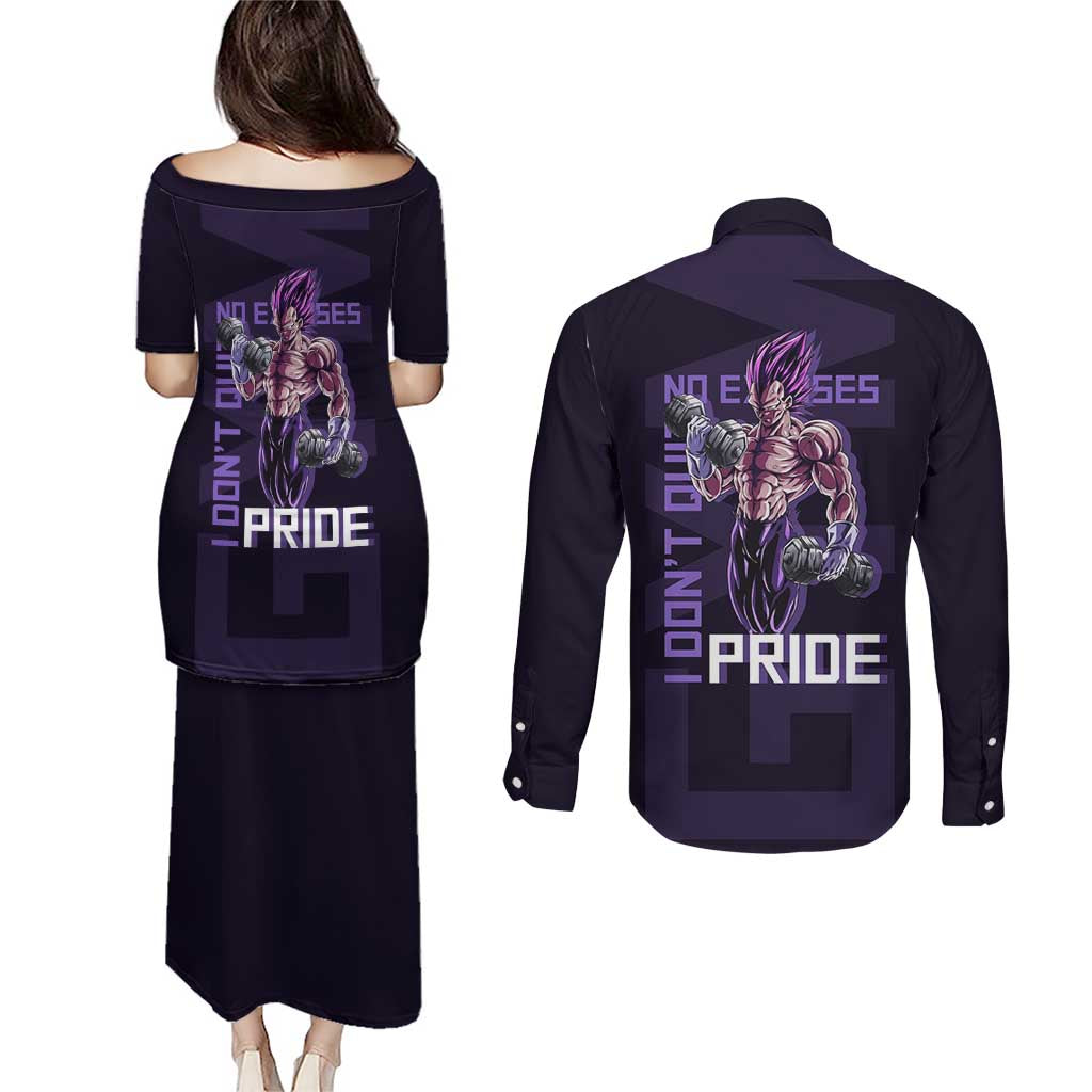 Vegeta Ultra Ego Gym Theme Couples Matching Puletasi and Long Sleeve Button Shirt with Dumbbells Power Quote and Pride Design - The Mazicc