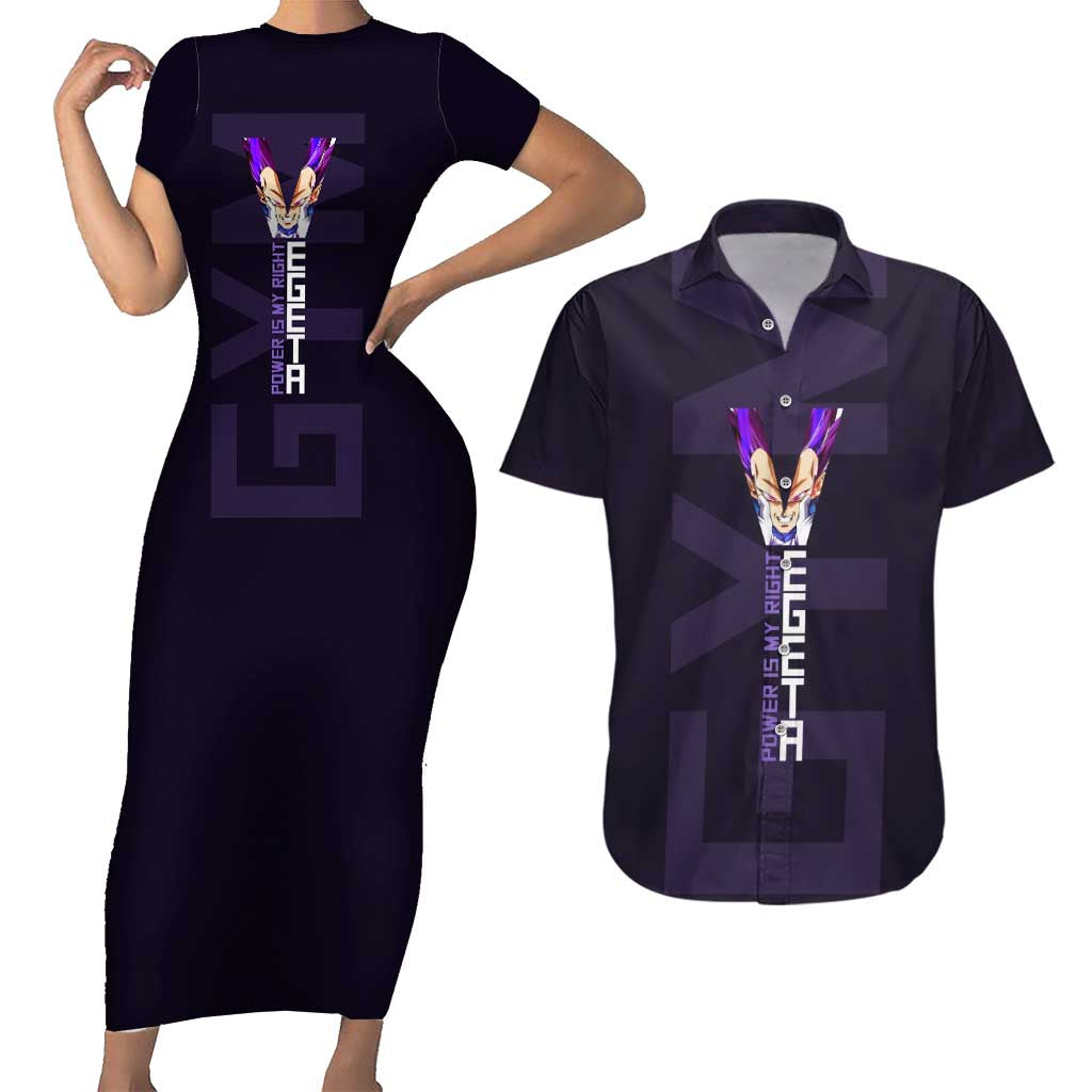 Vegeta Ultra Ego Gym Theme Couples Matching Short Sleeve Bodycon Dress and Hawaiian Shirt with Dumbbells Power Quote and Pride Design - The Mazicc