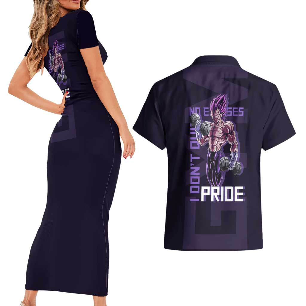 Vegeta Ultra Ego Gym Theme Couples Matching Short Sleeve Bodycon Dress and Hawaiian Shirt with Dumbbells Power Quote and Pride Design - The Mazicc