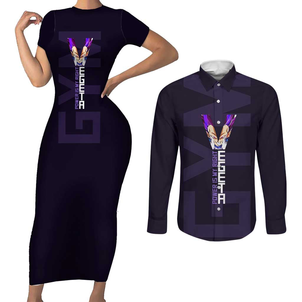 Vegeta Ultra Ego Gym Theme Couples Matching Short Sleeve Bodycon Dress and Long Sleeve Button Shirt with Dumbbells Power Quote and Pride Design - The Mazicc