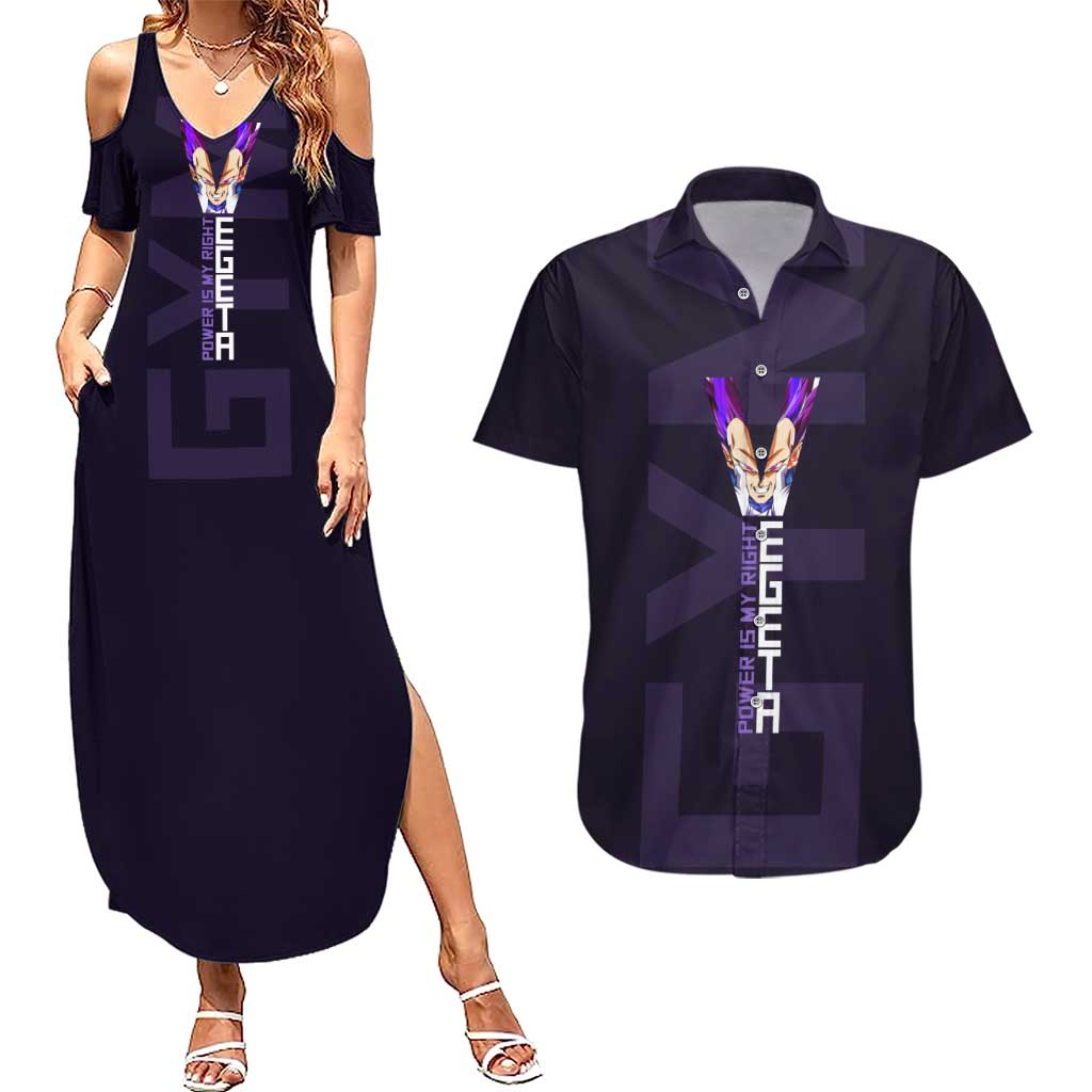 Vegeta Ultra Ego Gym Theme Couples Matching Summer Maxi Dress and Hawaiian Shirt with Dumbbells Power Quote and Pride Design - The Mazicc