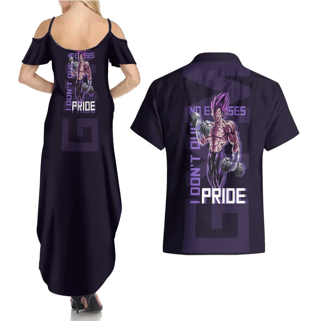 Vegeta Ultra Ego Gym Theme Couples Matching Summer Maxi Dress and Hawaiian Shirt with Dumbbells Power Quote and Pride Design - The Mazicc