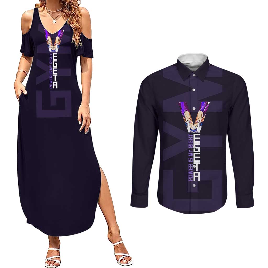 Vegeta Ultra Ego Gym Theme Couples Matching Summer Maxi Dress and Long Sleeve Button Shirt with Dumbbells Power Quote and Pride Design - The Mazicc