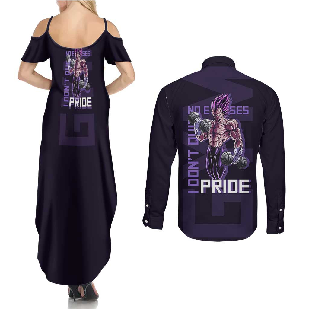 Vegeta Ultra Ego Gym Theme Couples Matching Summer Maxi Dress and Long Sleeve Button Shirt with Dumbbells Power Quote and Pride Design - The Mazicc