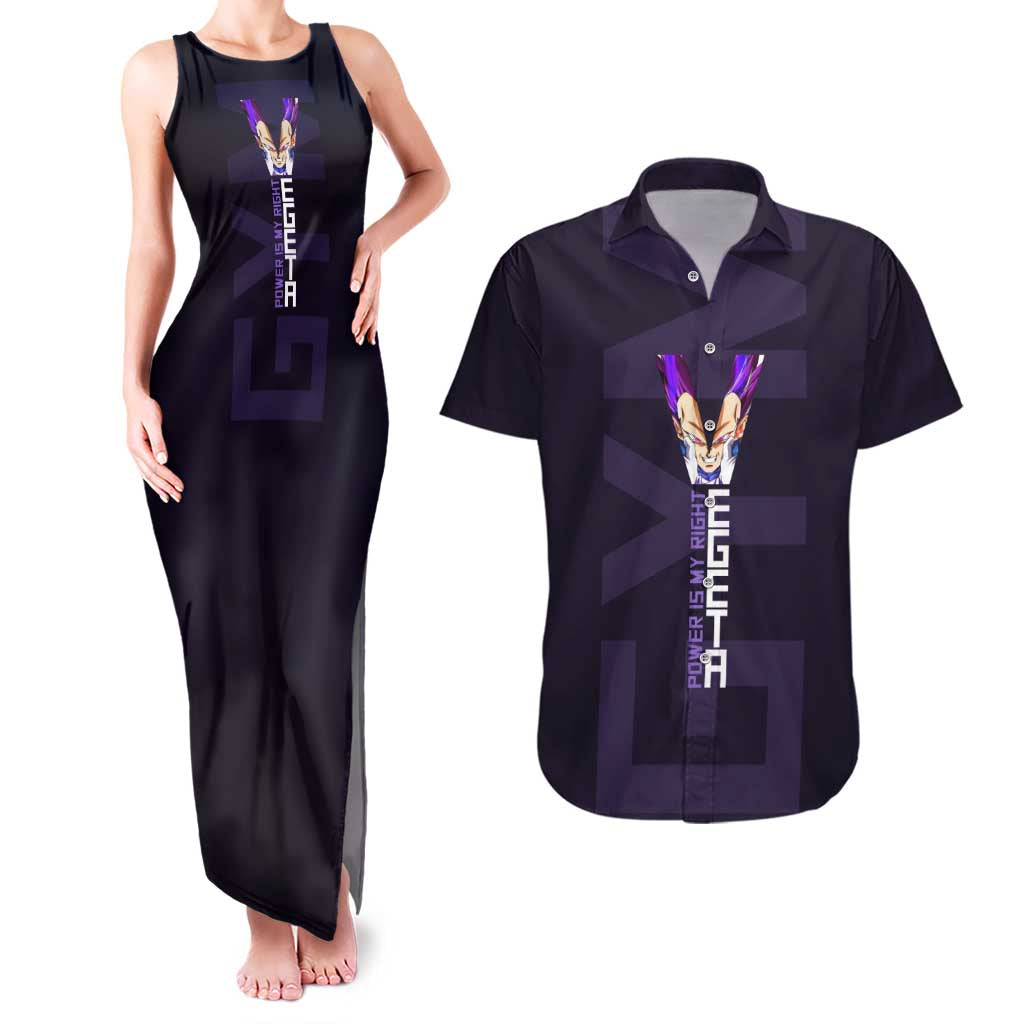 Vegeta Ultra Ego Gym Theme Couples Matching Tank Maxi Dress and Hawaiian Shirt with Dumbbells Power Quote and Pride Design - The Mazicc