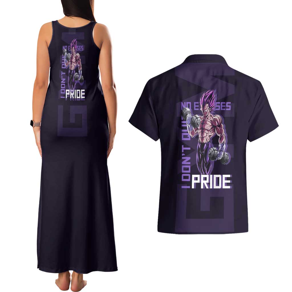 Vegeta Ultra Ego Gym Theme Couples Matching Tank Maxi Dress and Hawaiian Shirt with Dumbbells Power Quote and Pride Design - The Mazicc