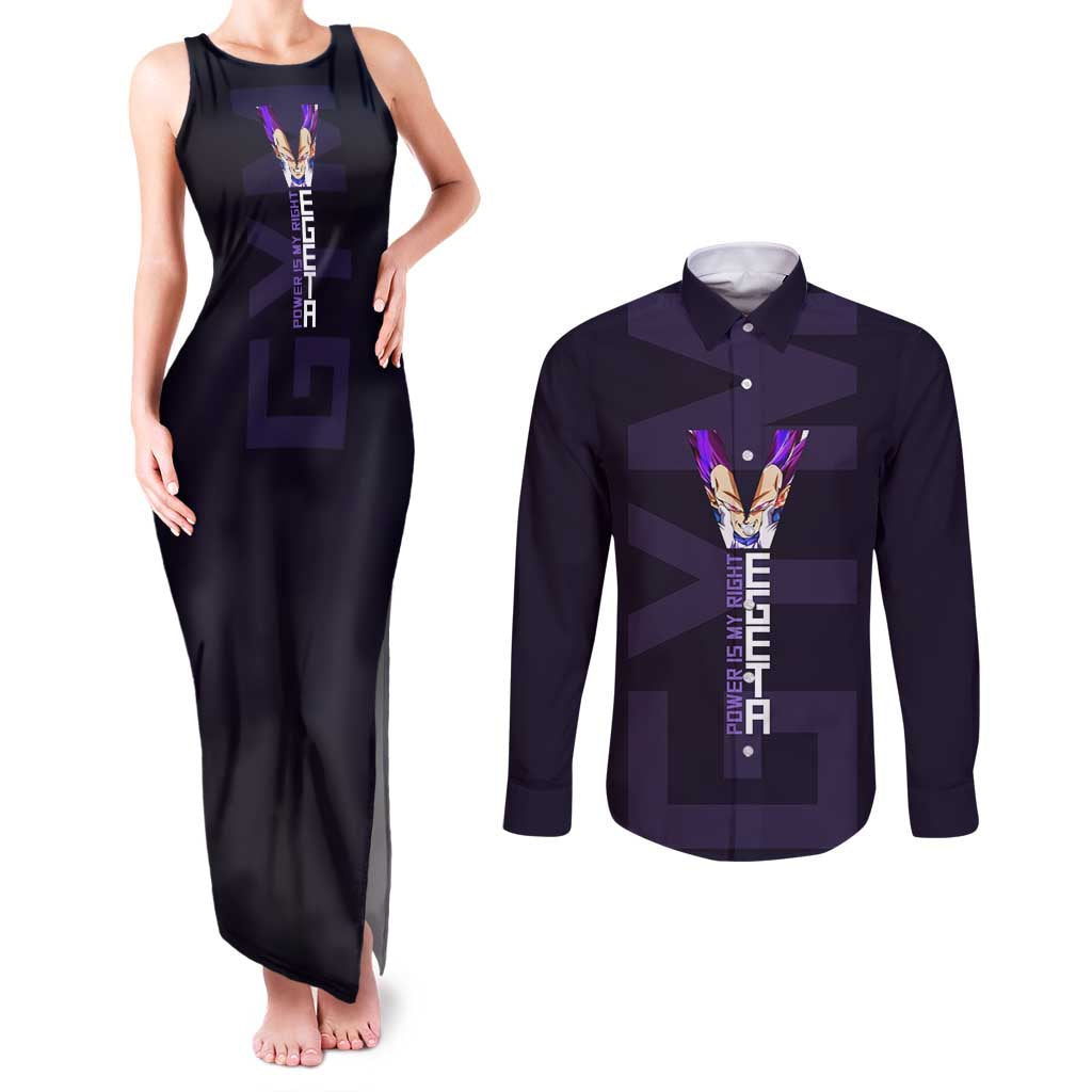 Vegeta Ultra Ego Gym Theme Couples Matching Tank Maxi Dress and Long Sleeve Button Shirt with Dumbbells Power Quote and Pride Design - The Mazicc