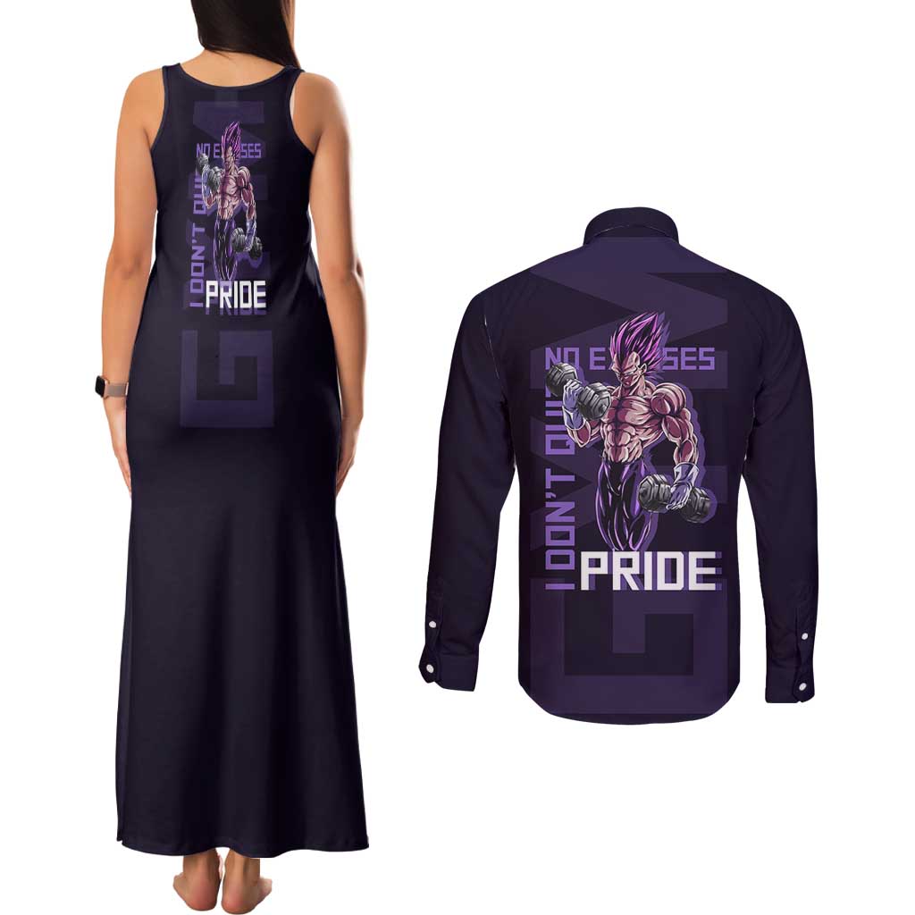 Vegeta Ultra Ego Gym Theme Couples Matching Tank Maxi Dress and Long Sleeve Button Shirt with Dumbbells Power Quote and Pride Design - The Mazicc