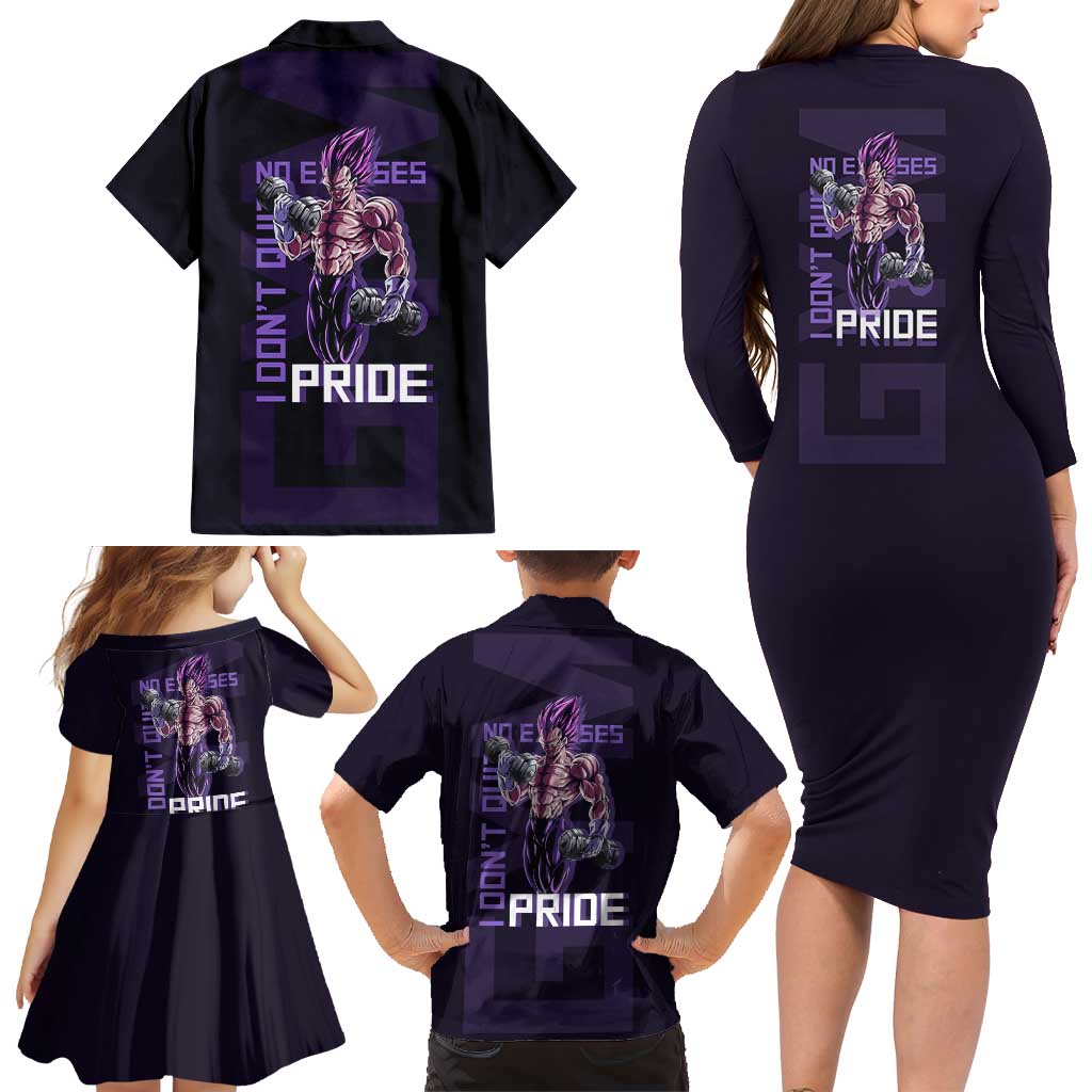 Vegeta Ultra Ego Gym Theme Family Matching Long Sleeve Bodycon Dress and Hawaiian Shirt with Dumbbells Power Quote and Pride Design