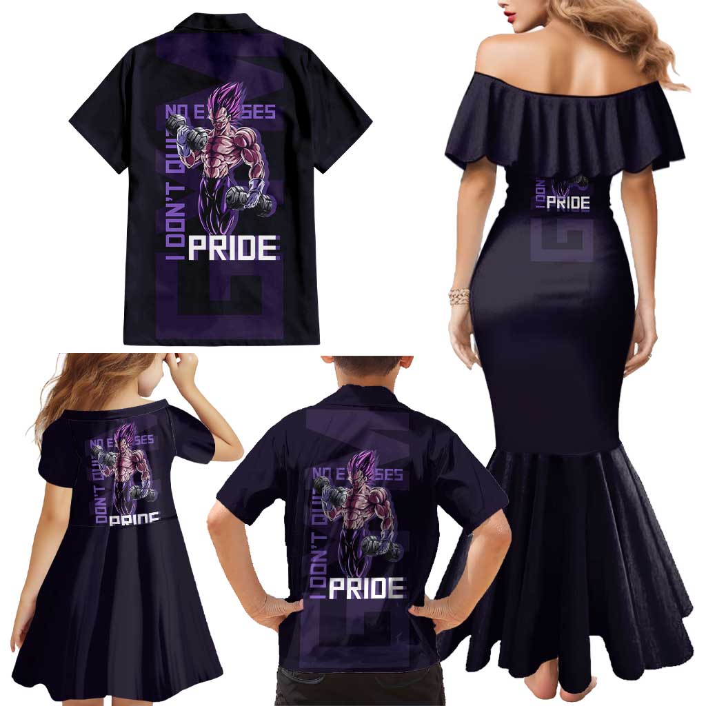 Vegeta Ultra Ego Gym Theme Family Matching Mermaid Dress and Hawaiian Shirt with Dumbbells Power Quote and Pride Design