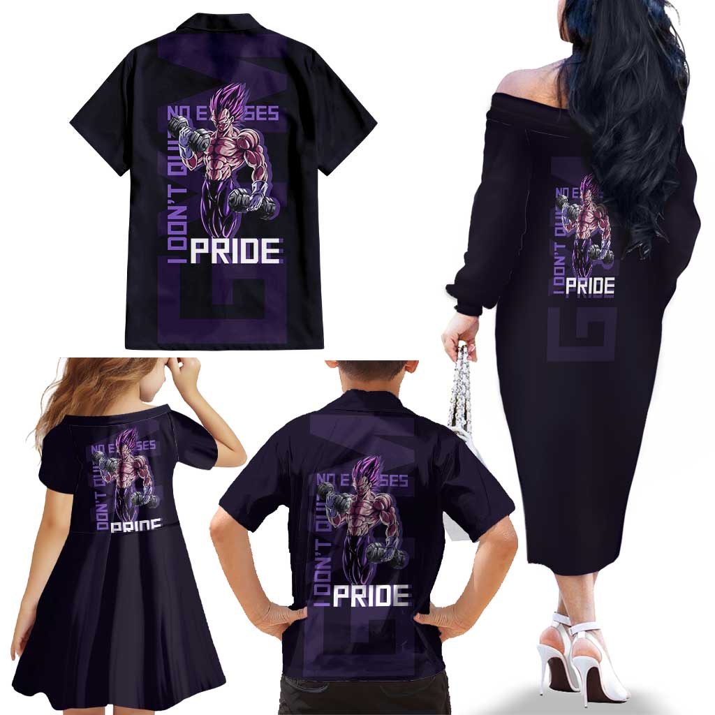 Vegeta Ultra Ego Gym Theme Family Matching Off The Shoulder Long Sleeve Dress and Hawaiian Shirt with Dumbbells Power Quote and Pride Design