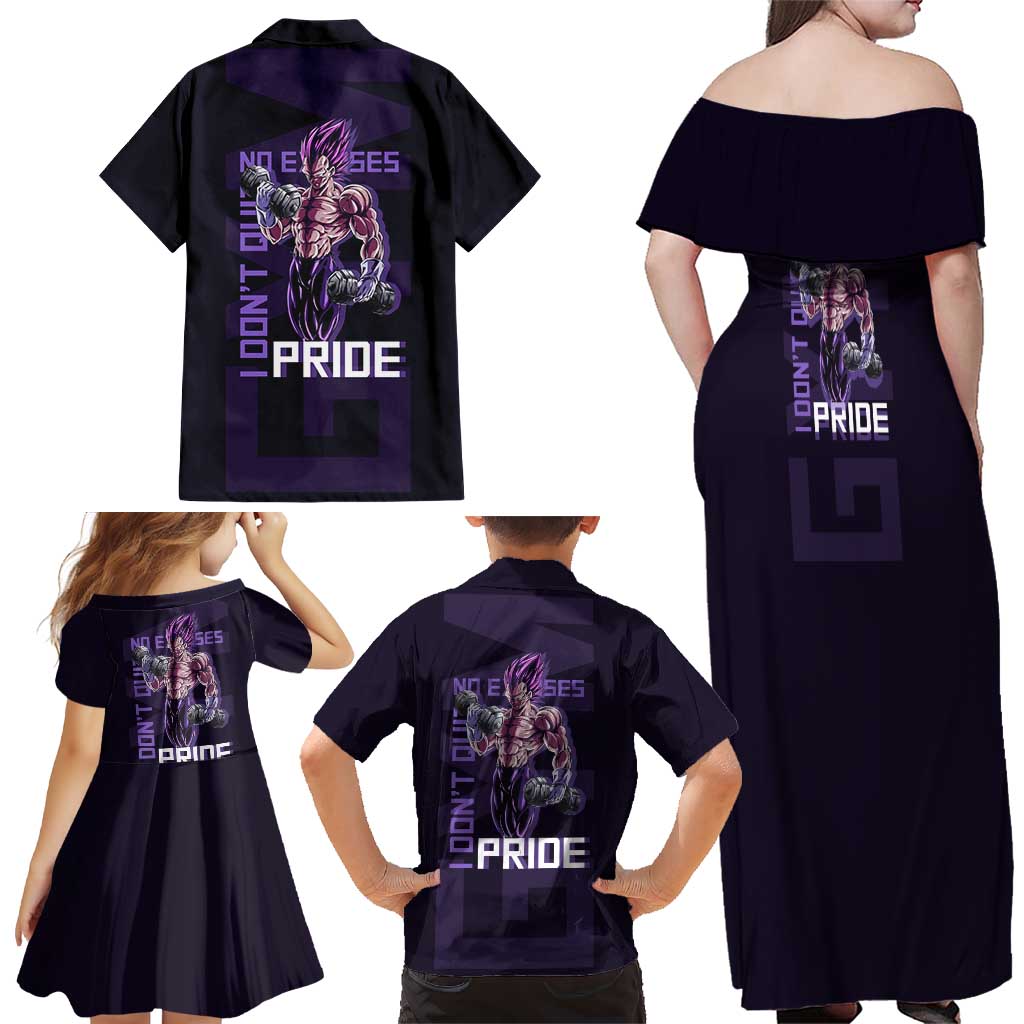 Vegeta Ultra Ego Gym Theme Family Matching Off Shoulder Maxi Dress and Hawaiian Shirt with Dumbbells Power Quote and Pride Design