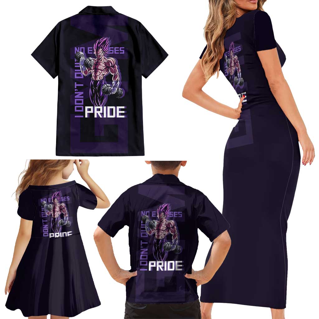 Vegeta Ultra Ego Gym Theme Family Matching Short Sleeve Bodycon Dress and Hawaiian Shirt with Dumbbells Power Quote and Pride Design