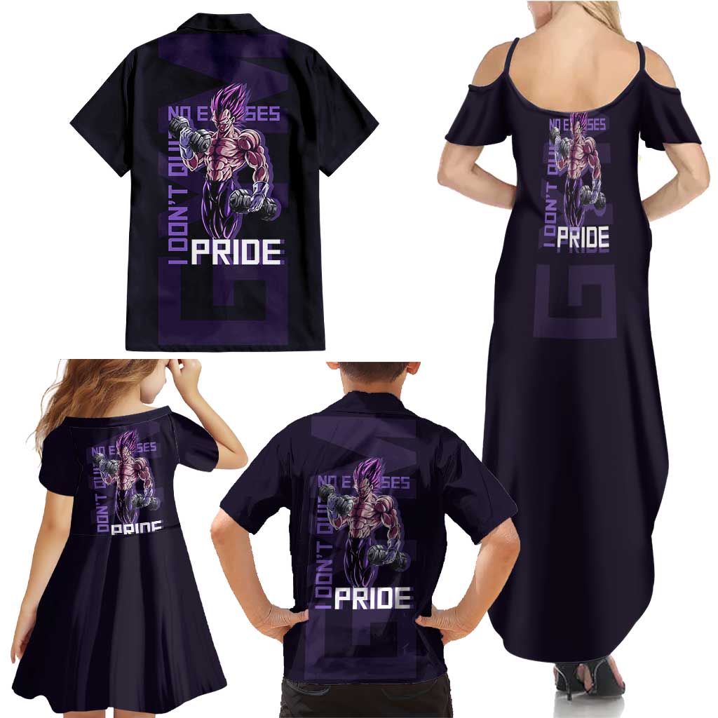 Vegeta Ultra Ego Gym Theme Family Matching Summer Maxi Dress and Hawaiian Shirt with Dumbbells Power Quote and Pride Design