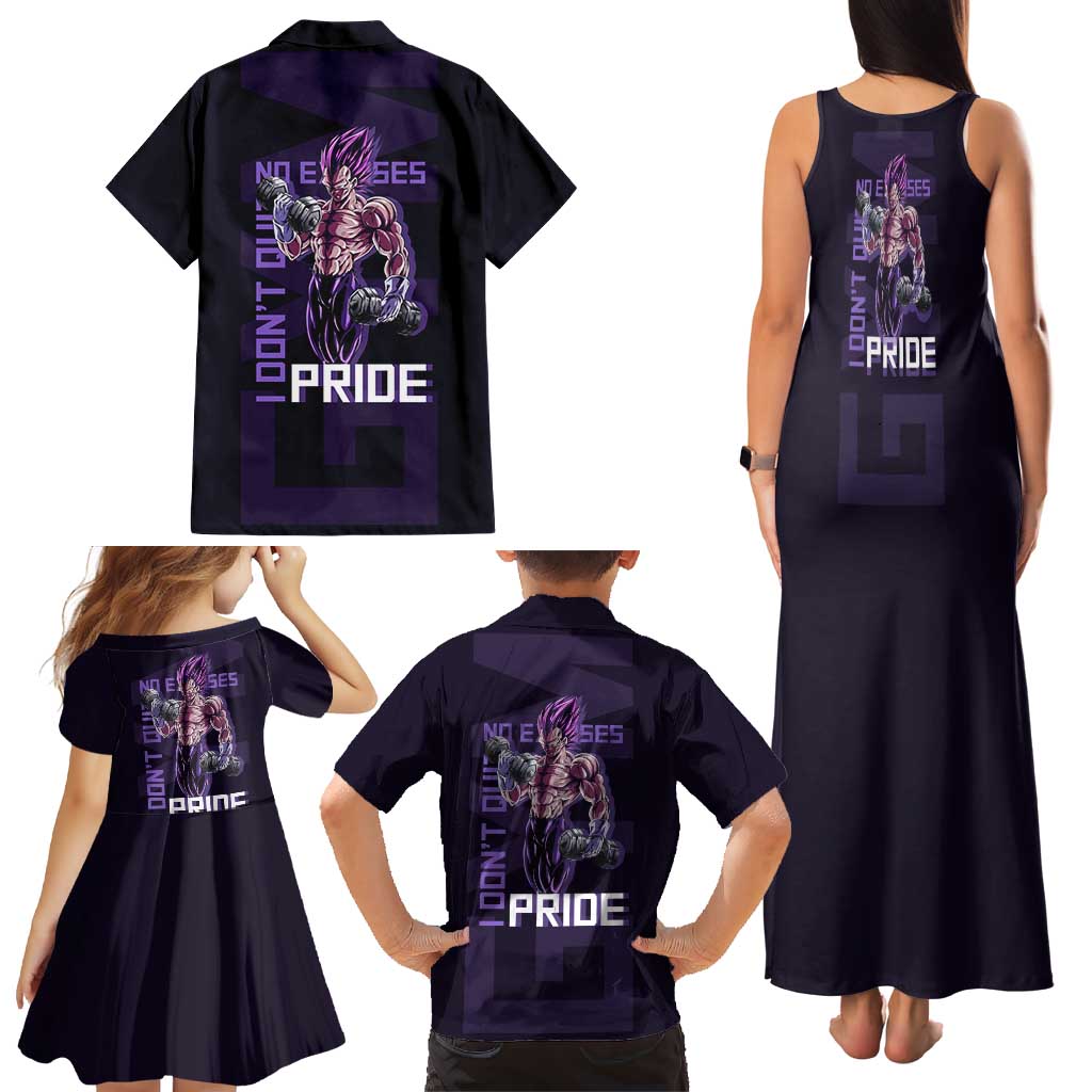 Vegeta Ultra Ego Gym Theme Family Matching Tank Maxi Dress and Hawaiian Shirt with Dumbbells Power Quote and Pride Design
