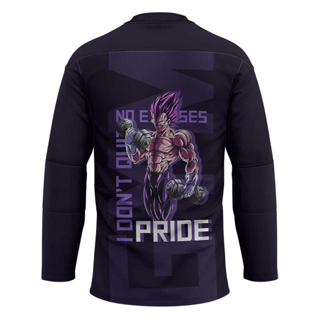 Vegeta Ultra Ego Gym Theme Hockey Jersey with Dumbbells Power Quote and Pride Design - The Mazicc