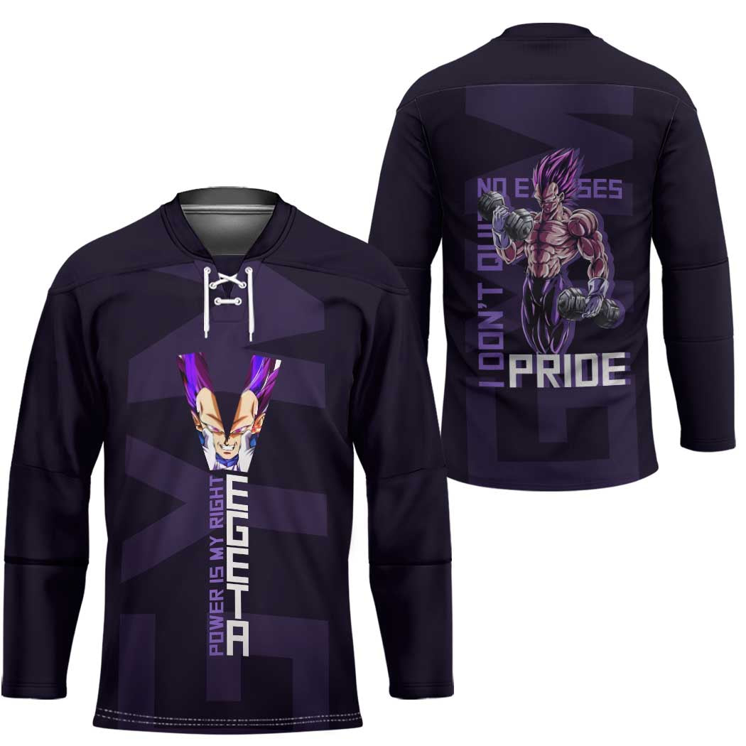 Vegeta Ultra Ego Gym Theme Hockey Jersey with Dumbbells Power Quote and Pride Design - The Mazicc