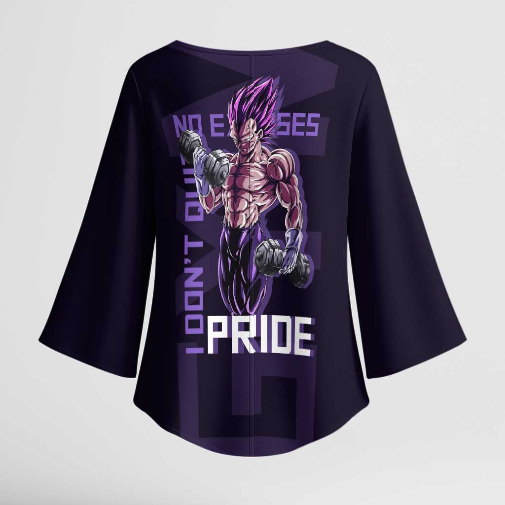 Vegeta Ultra Ego Gym Theme Kimono Sleeve Blouse with Dumbbells Power Quote and Pride Design - The Mazicc