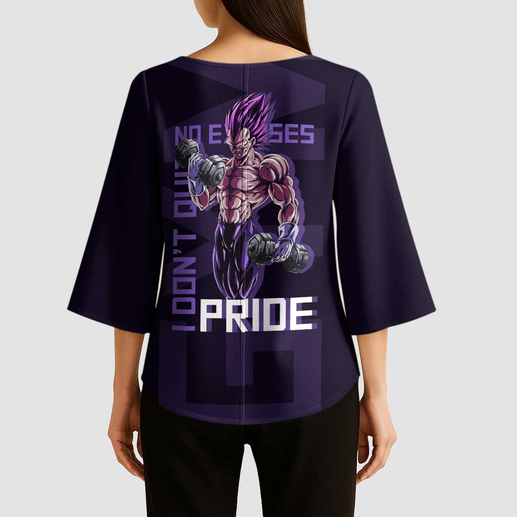 Vegeta Ultra Ego Gym Theme Kimono Sleeve Blouse with Dumbbells Power Quote and Pride Design - The Mazicc