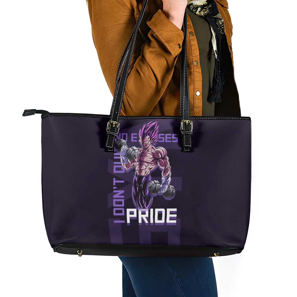 Vegeta Ultra Ego Gym Theme Leather Tote Bag with Dumbbells Power Quote and Pride Design - The Mazicc