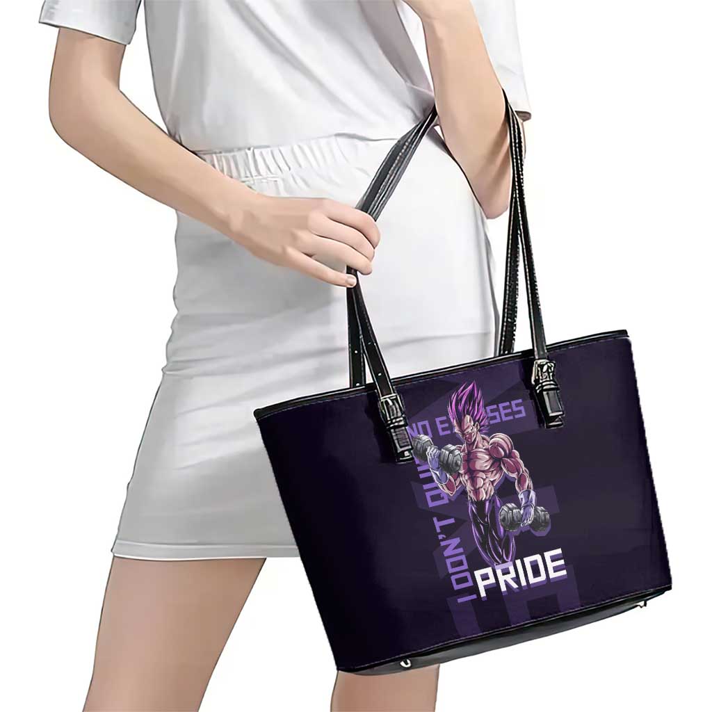 Vegeta Ultra Ego Gym Theme Leather Tote Bag with Dumbbells Power Quote and Pride Design - The Mazicc