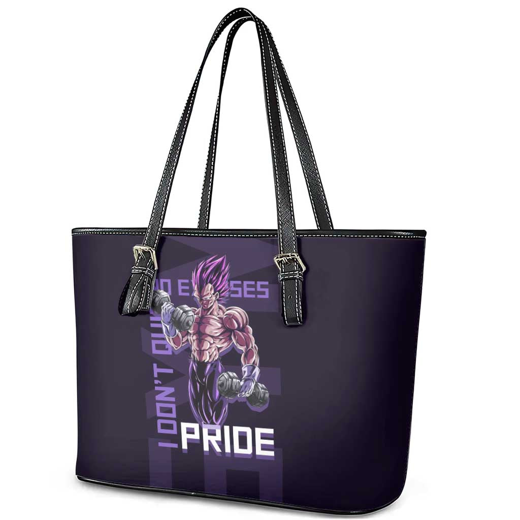 Vegeta Ultra Ego Gym Theme Leather Tote Bag with Dumbbells Power Quote and Pride Design - The Mazicc