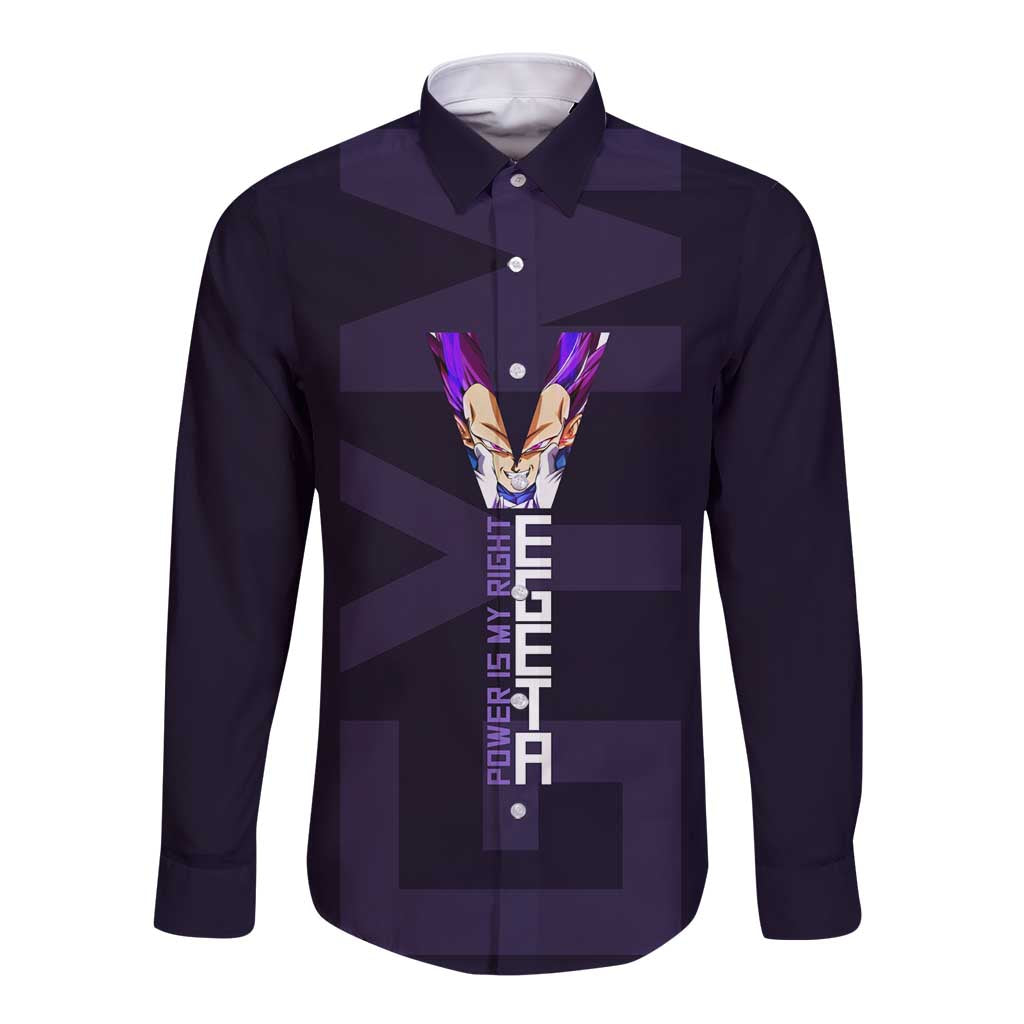 Vegeta Ultra Ego Gym Theme Long Sleeve Button Shirt with Dumbbells Power Quote and Pride Design - The Mazicc