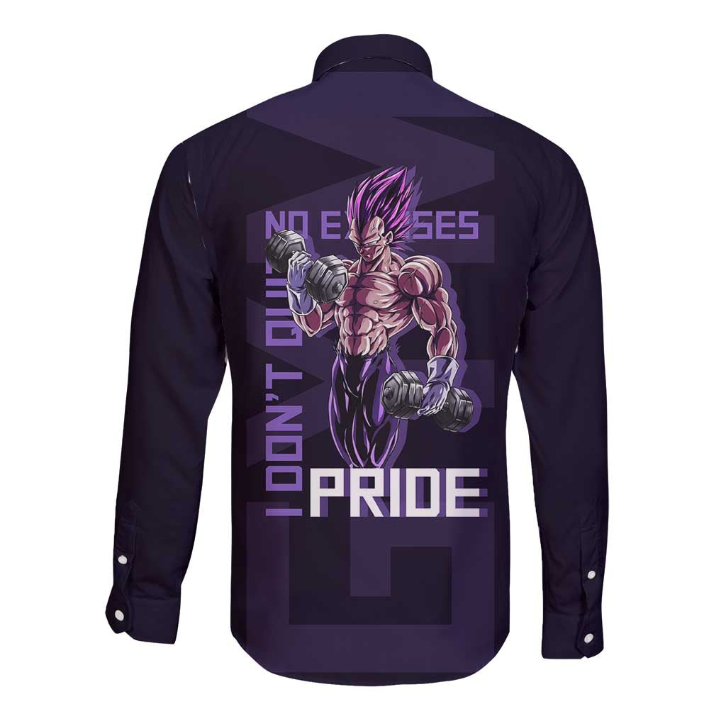 Vegeta Ultra Ego Gym Theme Long Sleeve Button Shirt with Dumbbells Power Quote and Pride Design - The Mazicc