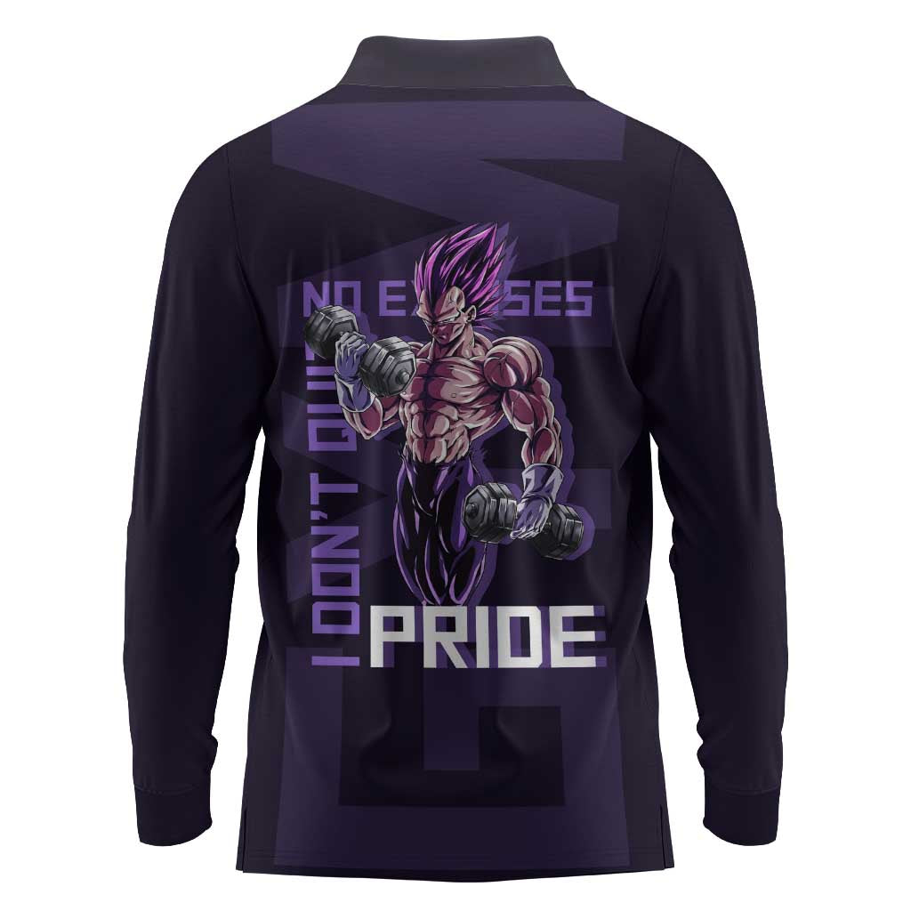 Vegeta Ultra Ego Gym Theme Long Sleeve Polo Shirt with Dumbbells Power Quote and Pride Design - The Mazicc