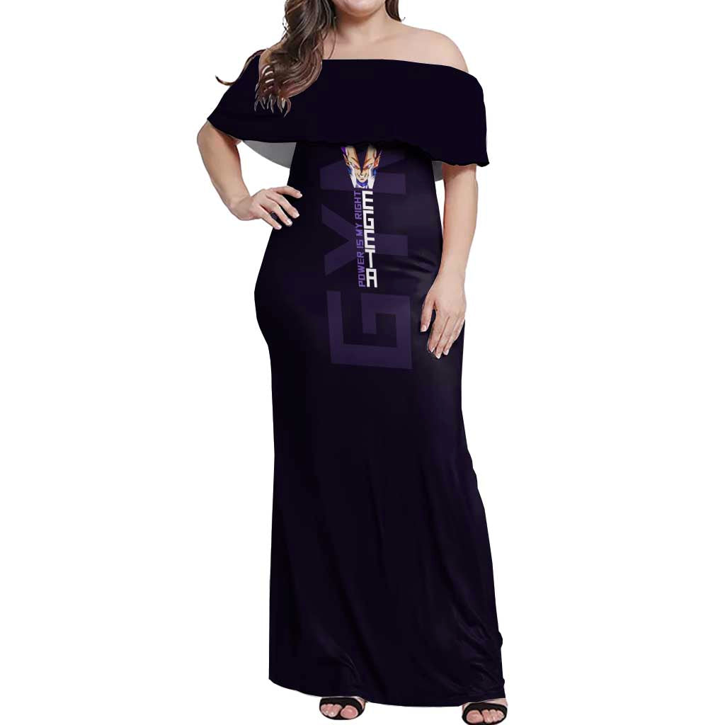 Vegeta Ultra Ego Gym Theme Off Shoulder Maxi Dress with Dumbbells Power Quote and Pride Design - The Mazicc