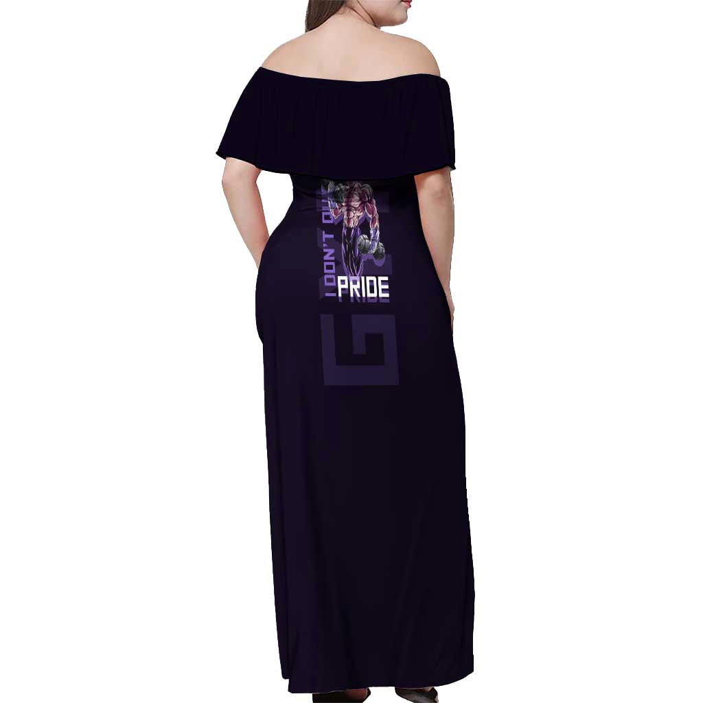 Vegeta Ultra Ego Gym Theme Off Shoulder Maxi Dress with Dumbbells Power Quote and Pride Design - The Mazicc