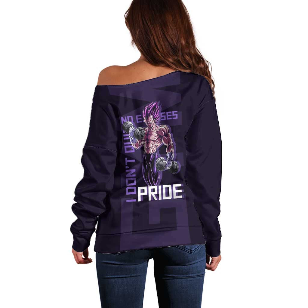 Vegeta Ultra Ego Gym Theme Off Shoulder Sweater with Dumbbells Power Quote and Pride Design - The Mazicc