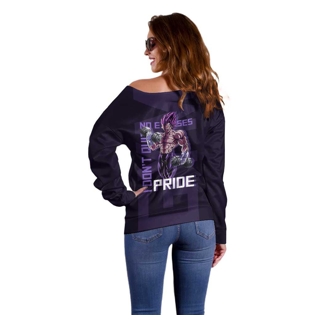 Vegeta Ultra Ego Gym Theme Off Shoulder Sweater with Dumbbells Power Quote and Pride Design - The Mazicc
