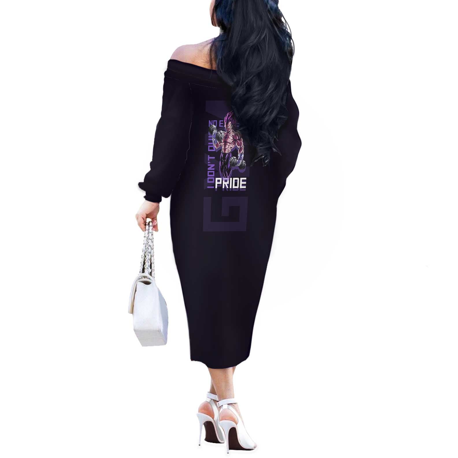 Vegeta Ultra Ego Gym Theme Off The Shoulder Long Sleeve Dress with Dumbbells Power Quote and Pride Design - The Mazicc