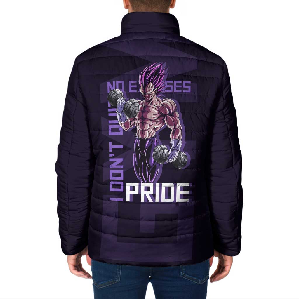 Vegeta Ultra Ego Gym Theme Padded Jacket with Dumbbells Power Quote and Pride Design - The Mazicc