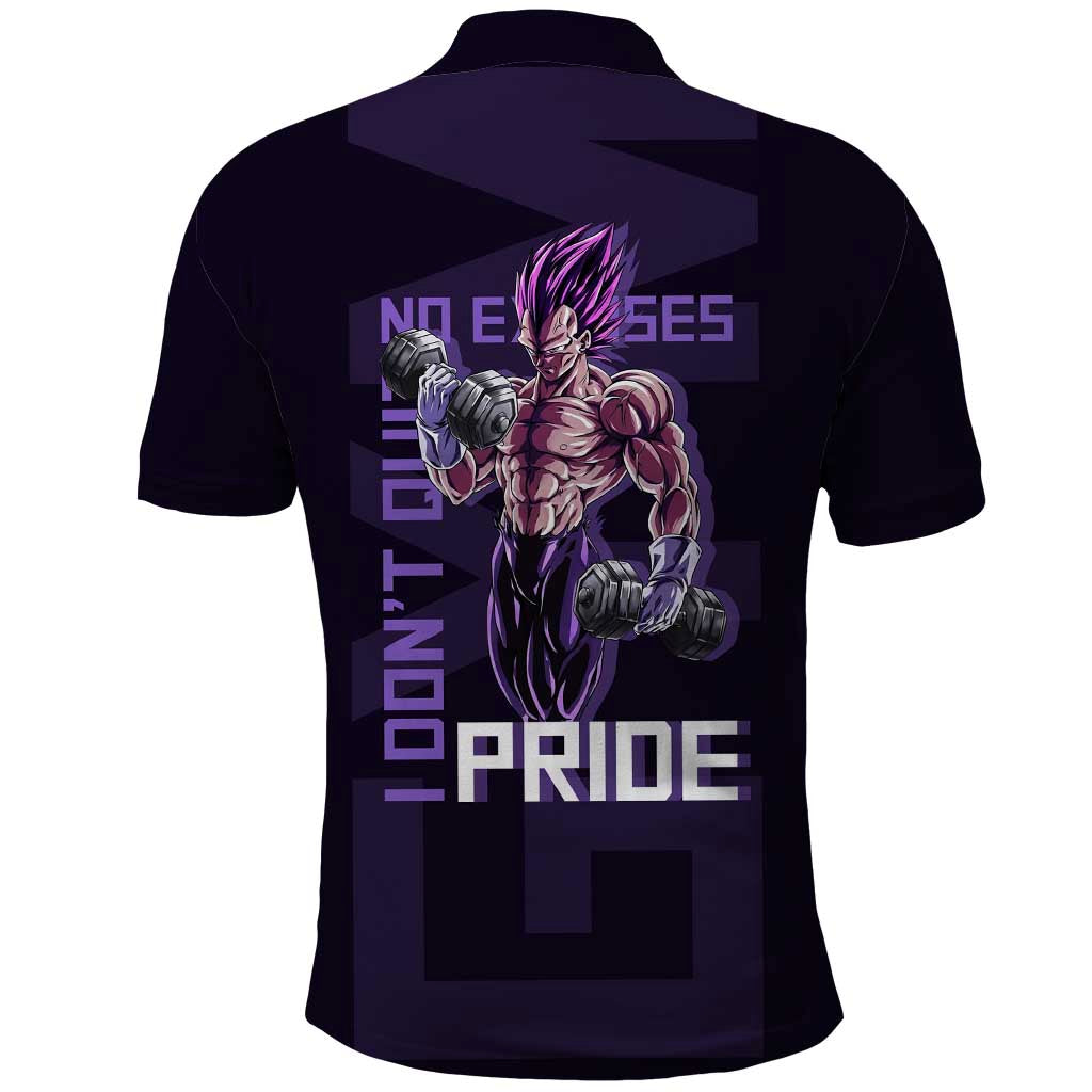 Vegeta Ultra Ego Gym Theme Polo Shirt with Dumbbells Power Quote and Pride Design - The Mazicc
