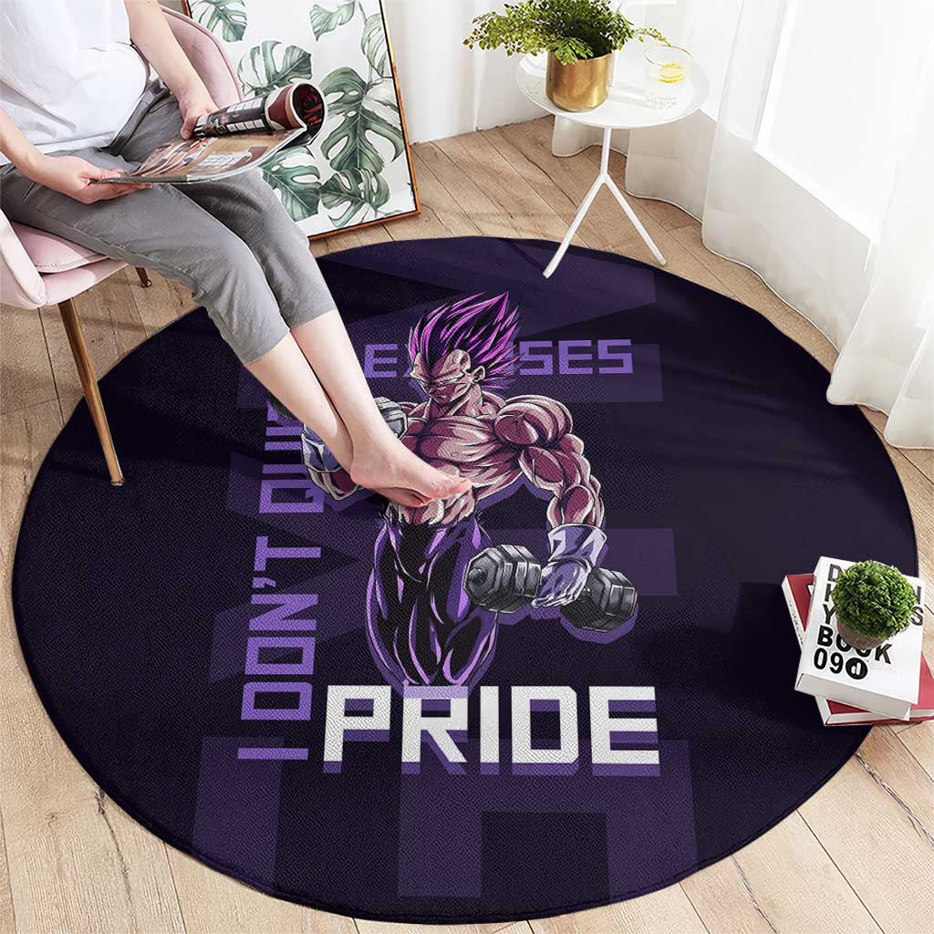Vegeta Ultra Ego Gym Theme Round Carpet with Dumbbells Power Quote and Pride Design - The Mazicc