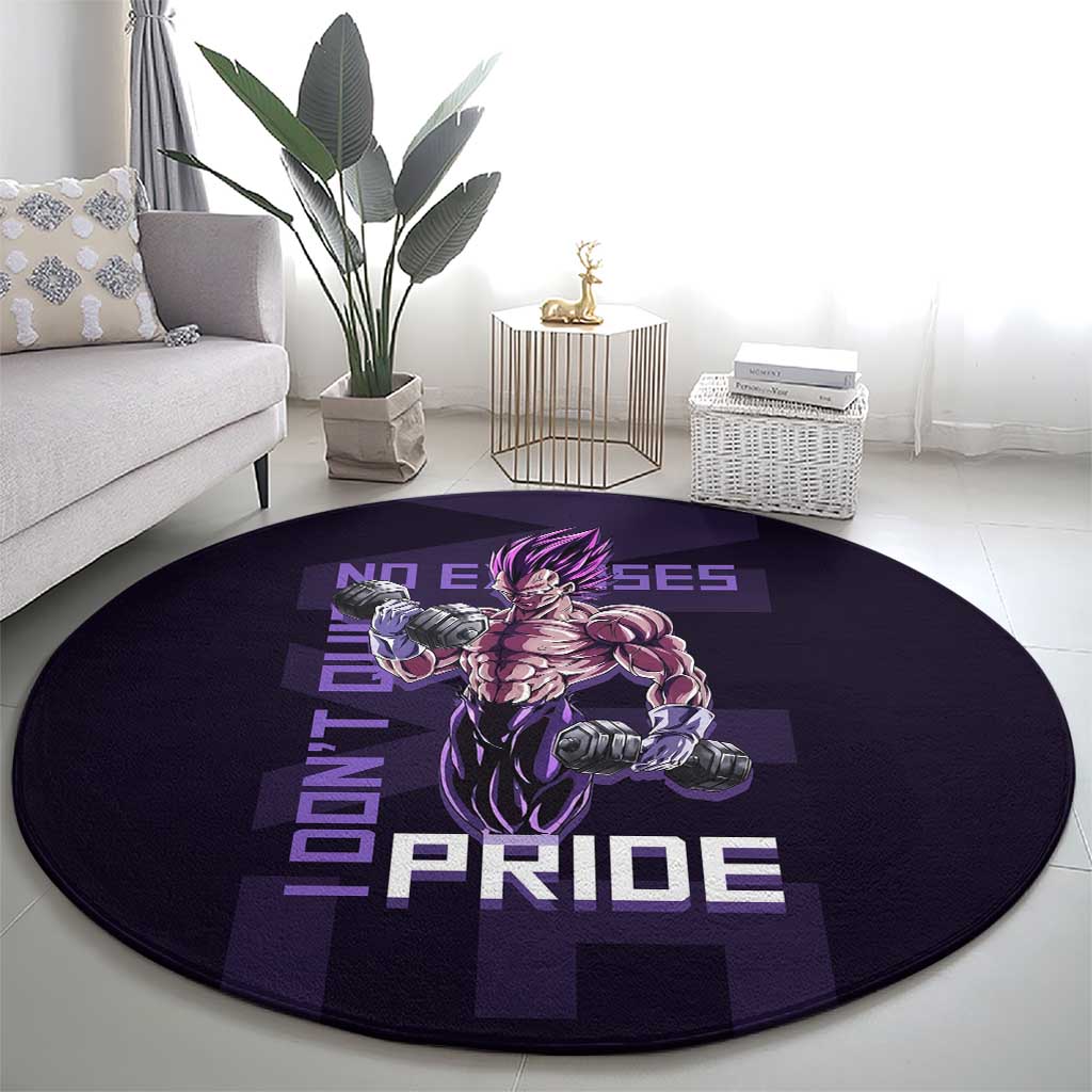 Vegeta Ultra Ego Gym Theme Round Carpet with Dumbbells Power Quote and Pride Design - The Mazicc
