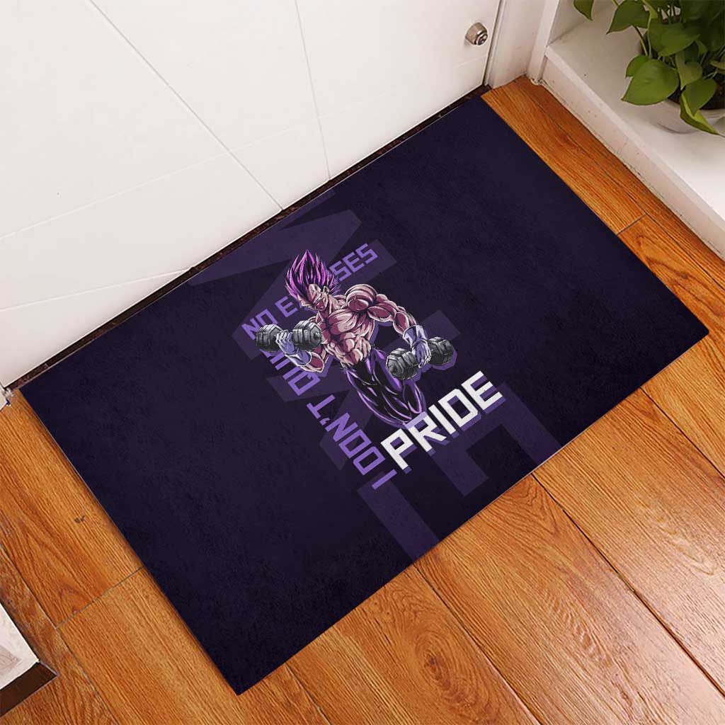 Vegeta Ultra Ego Gym Theme Rubber Doormat with Dumbbells Power Quote and Pride Design - The Mazicc