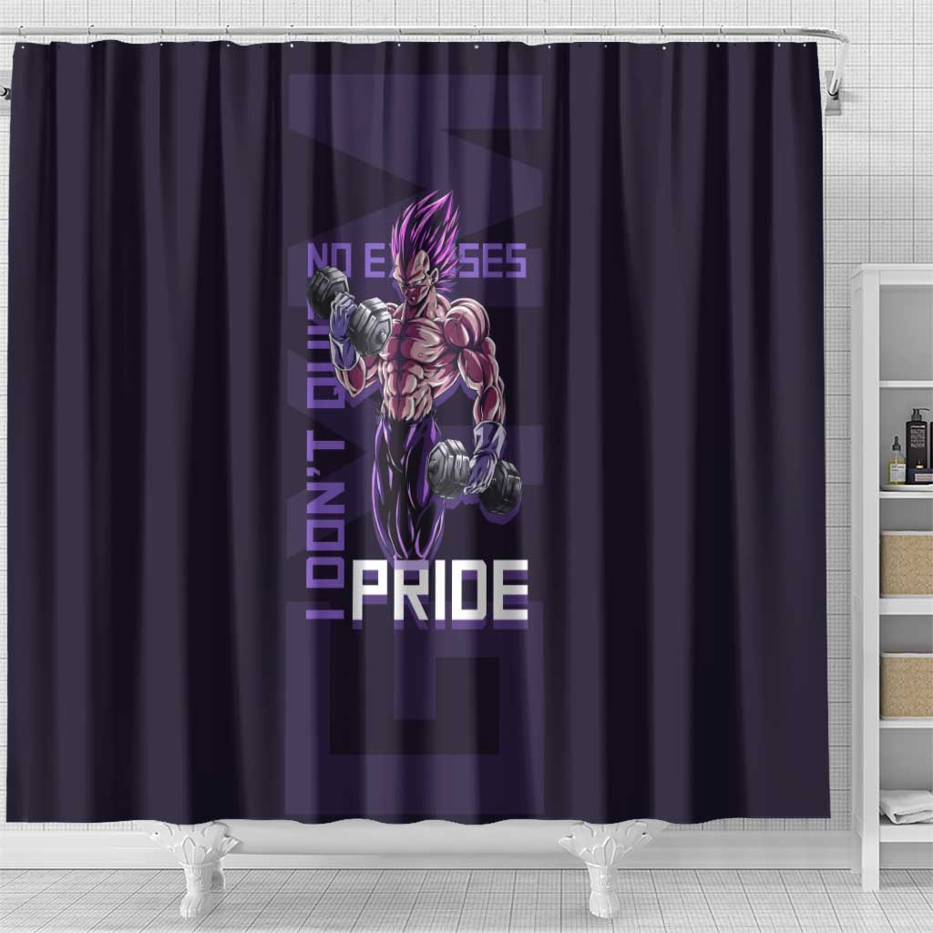 Vegeta Ultra Ego Gym Theme Shower Curtain with Dumbbells Power Quote and Pride Design - The Mazicc