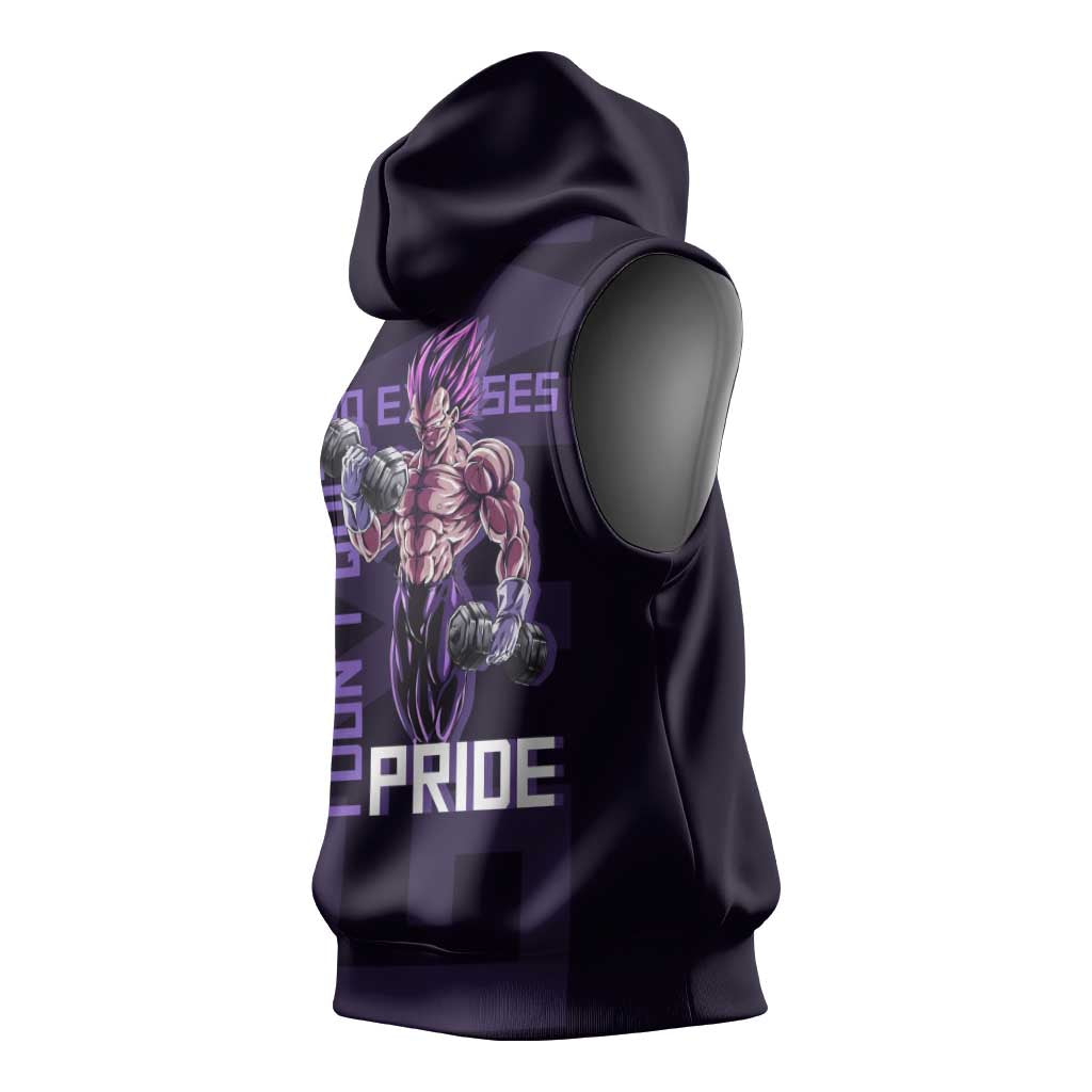 Vegeta Ultra Ego Gym Theme Sleeveless Hoodie with Dumbbells Power Quote and Pride Design - The Mazicc