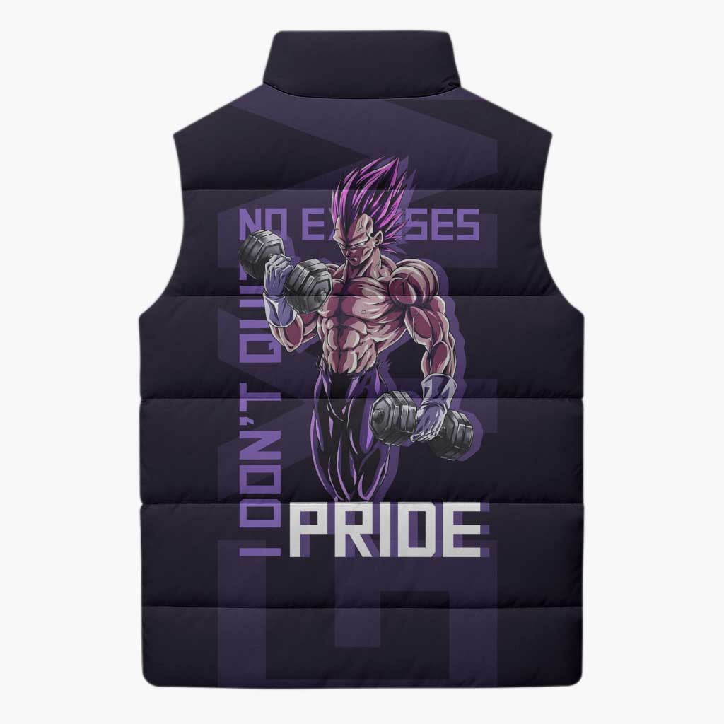 Vegeta Ultra Ego Gym Theme Sleeveless Puffer Jacket with Dumbbells Power Quote and Pride Design - The Mazicc