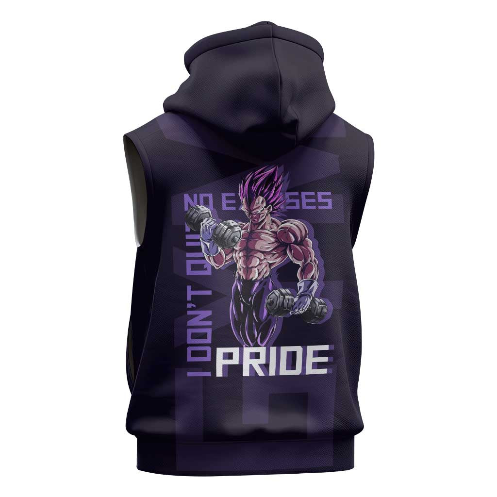 Vegeta Ultra Ego Gym Theme Sleeveless Zip Hoodie with Dumbbells Power Quote and Pride Design - The Mazicc