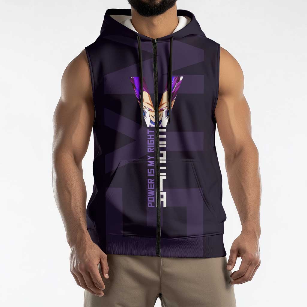 Vegeta Ultra Ego Gym Theme Sleeveless Zip Hoodie with Dumbbells Power Quote and Pride Design - The Mazicc