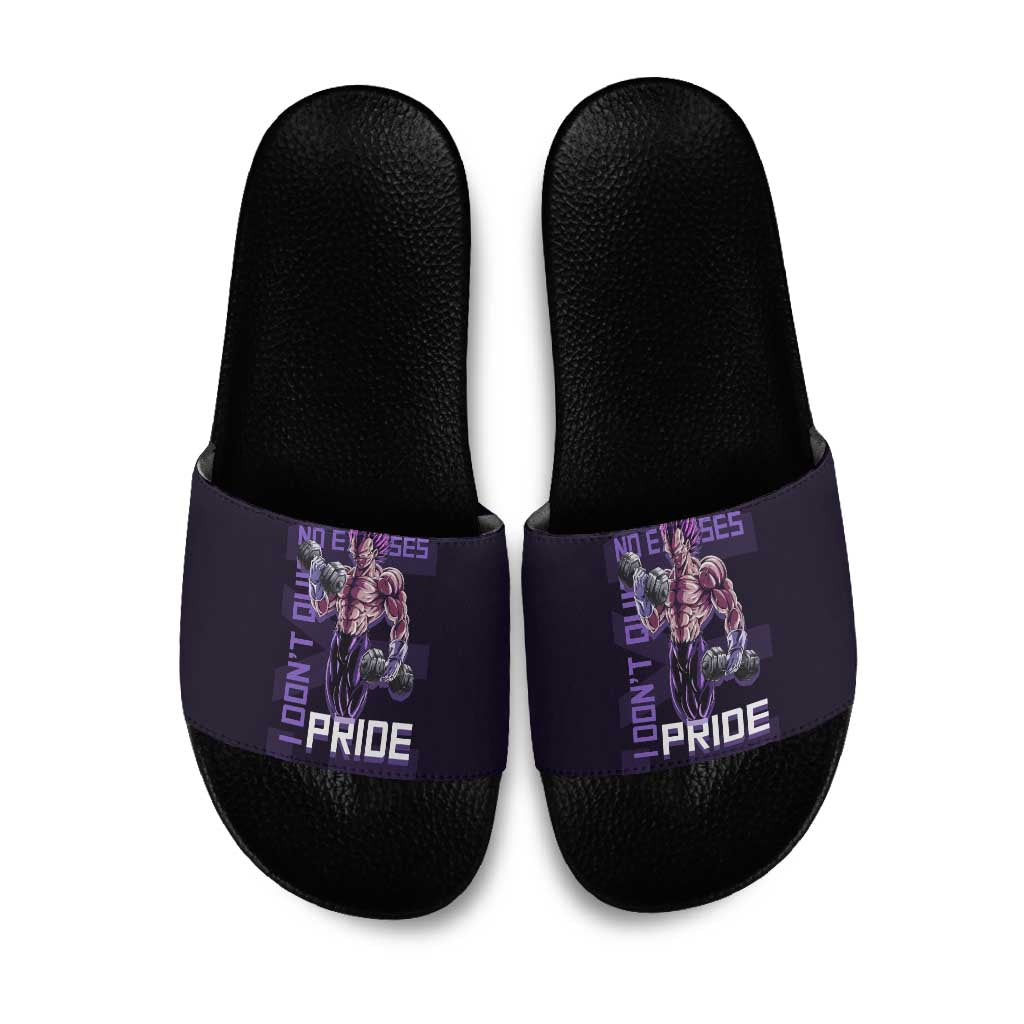 Vegeta Ultra Ego Gym Theme Slide Sandals with Dumbbells Power Quote and Pride Design - The Mazicc