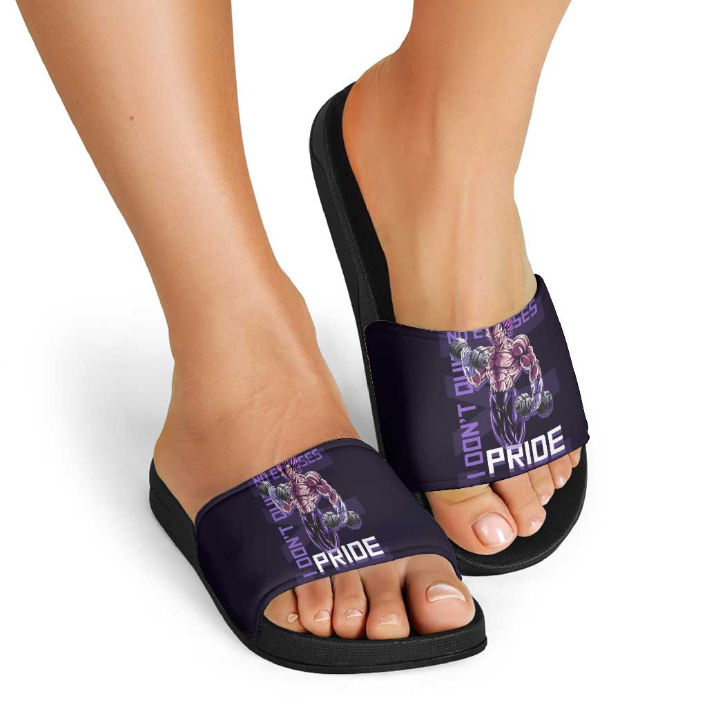 Vegeta Ultra Ego Gym Theme Slide Sandals with Dumbbells Power Quote and Pride Design - The Mazicc
