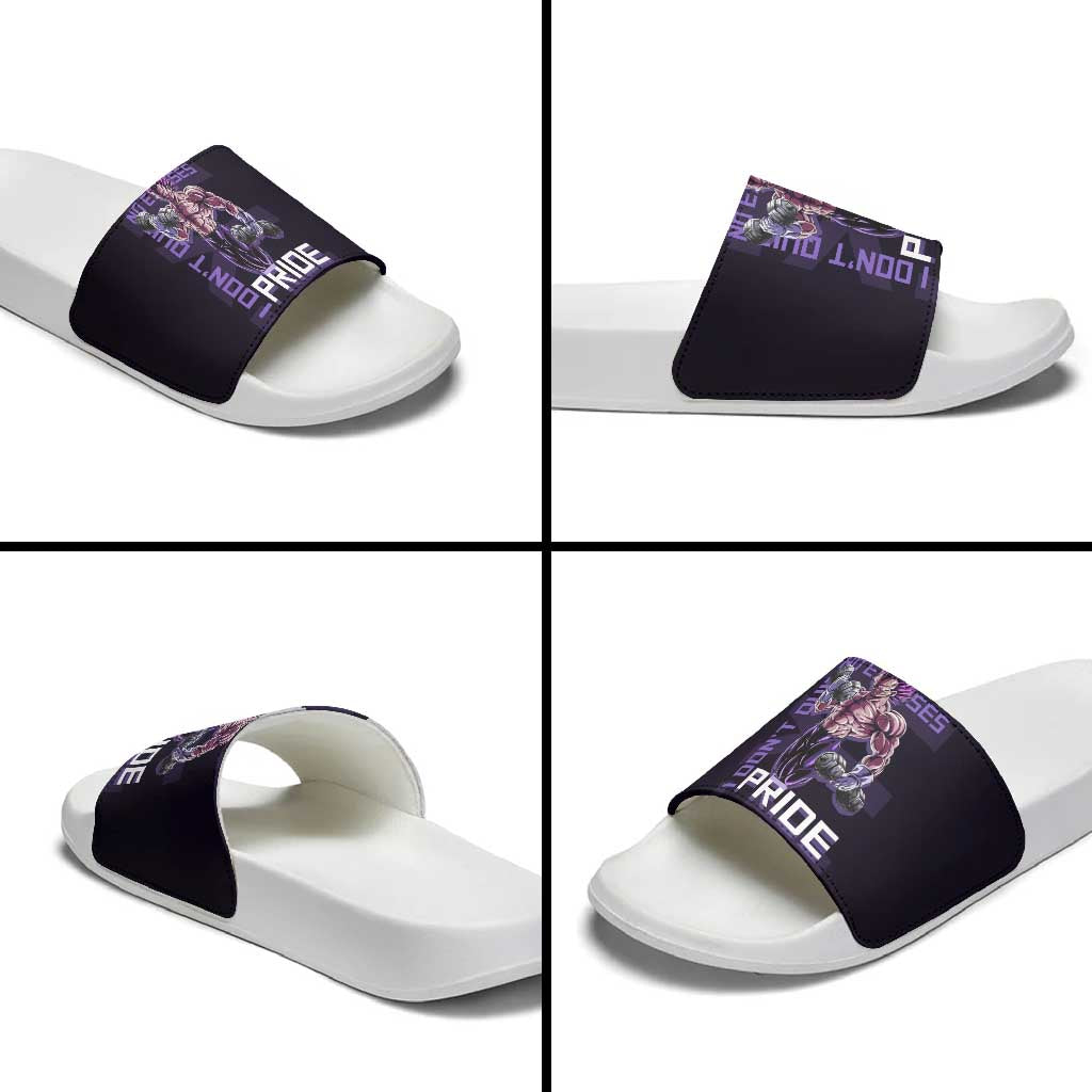 Vegeta Ultra Ego Gym Theme Slide Sandals with Dumbbells Power Quote and Pride Design - The Mazicc