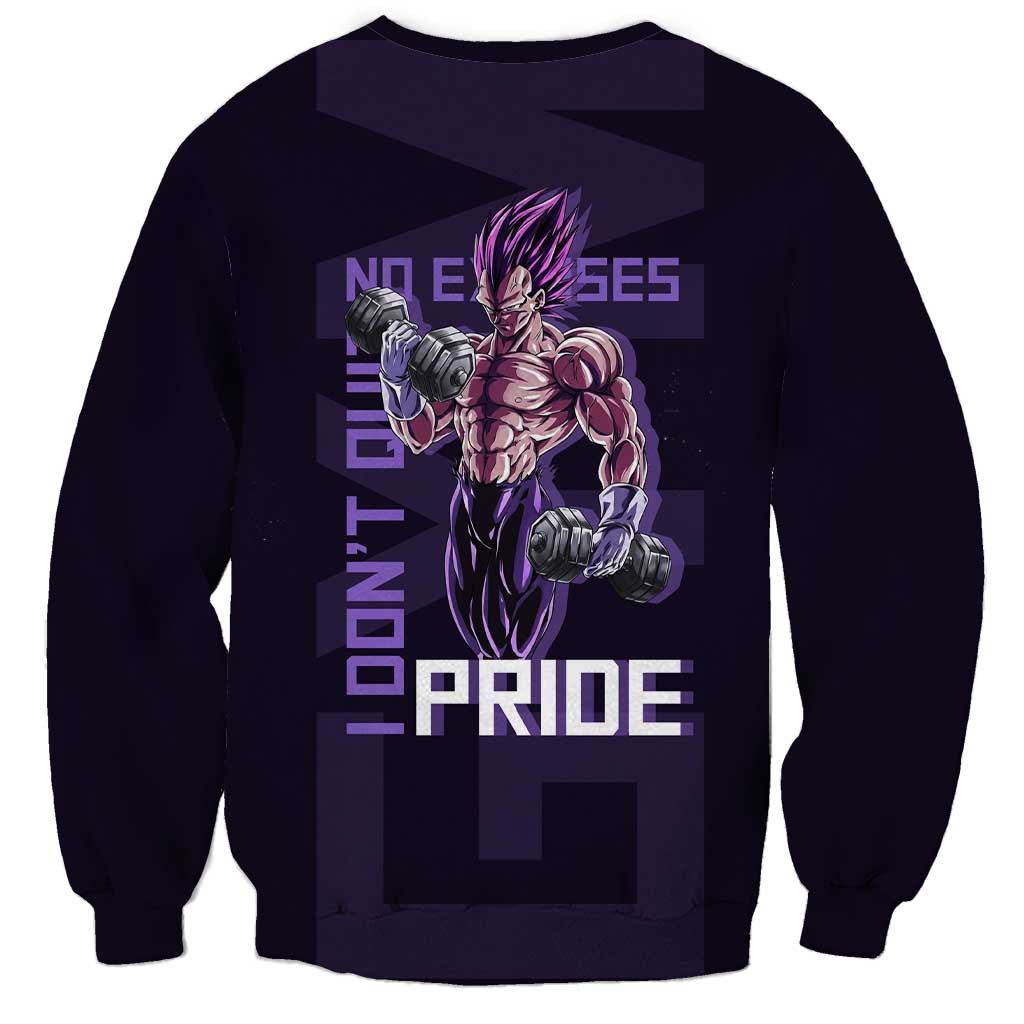 Vegeta Ultra Ego Gym Theme Sweatshirt with Dumbbells Power Quote and Pride Design - The Mazicc