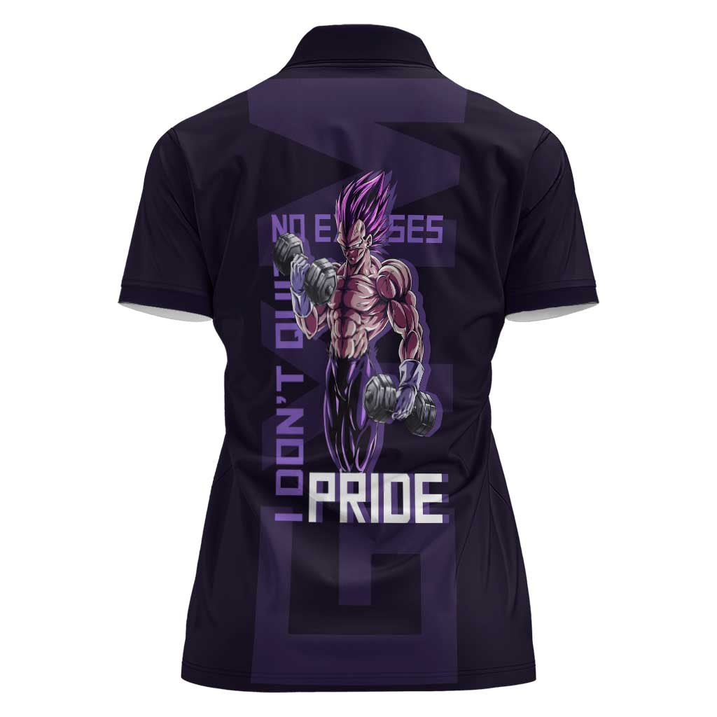 Vegeta Ultra Ego Gym Theme Women Polo Shirt with Dumbbells Power Quote and Pride Design - The Mazicc