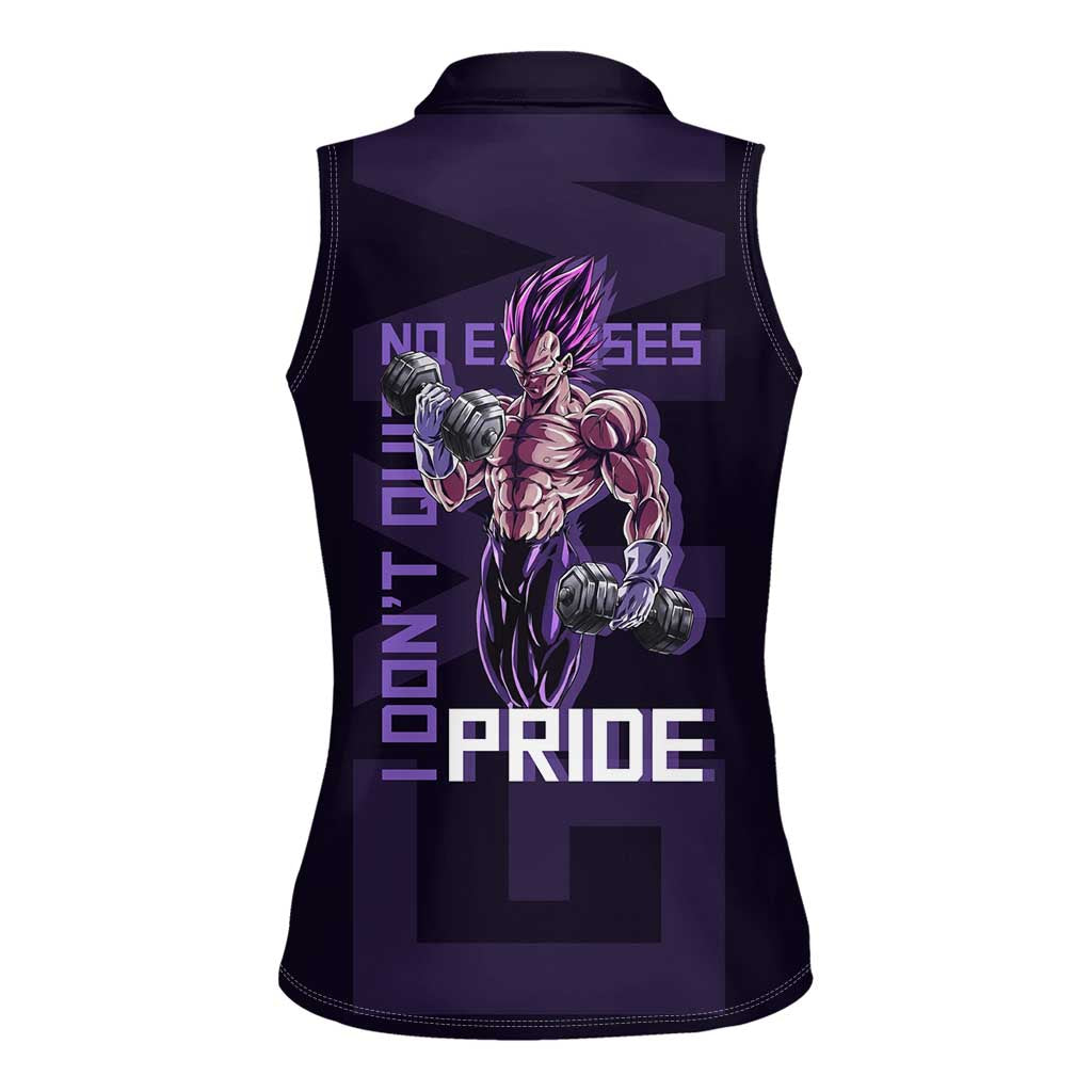 Vegeta Ultra Ego Gym Theme Women Sleeveless Polo Shirt with Dumbbells Power Quote and Pride Design - The Mazicc